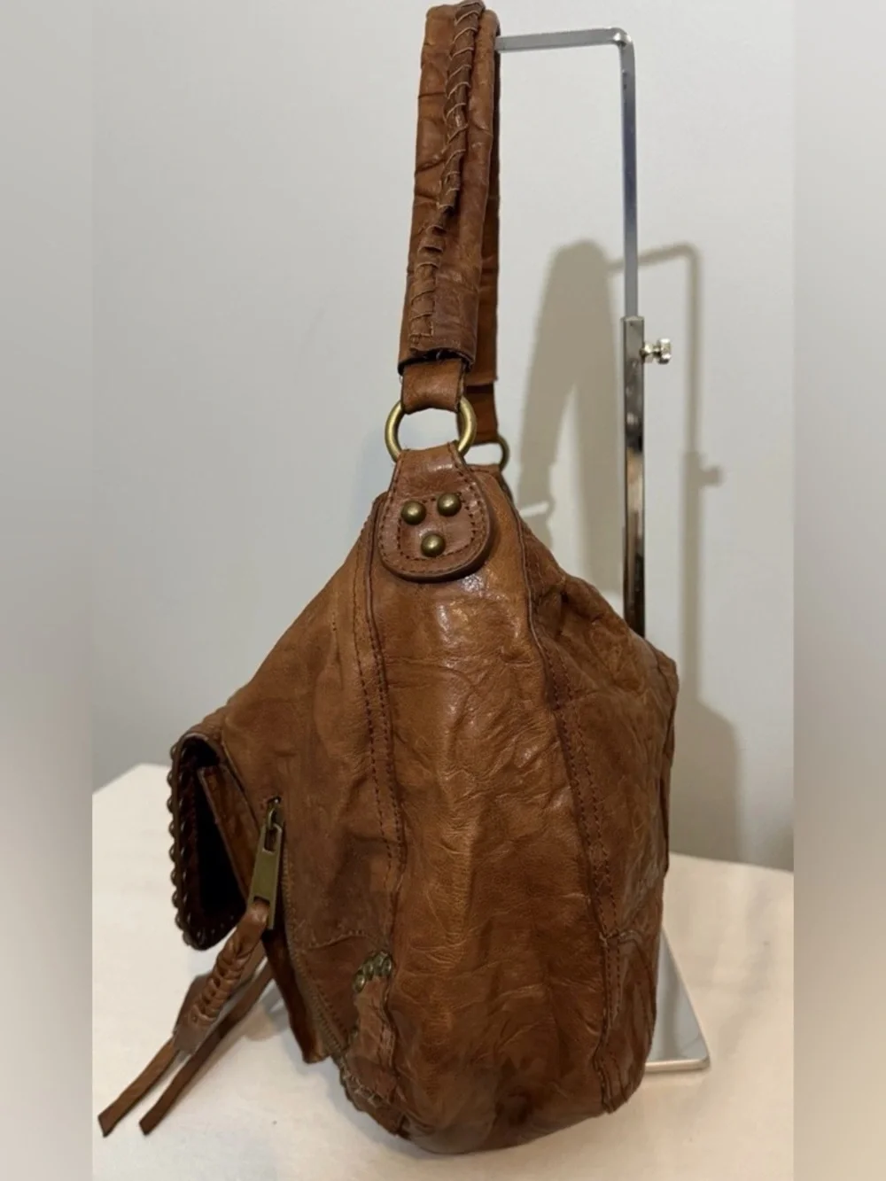 Sam Edelman Tumbled Leather Hobo Shoulder Bag Brown Y2K